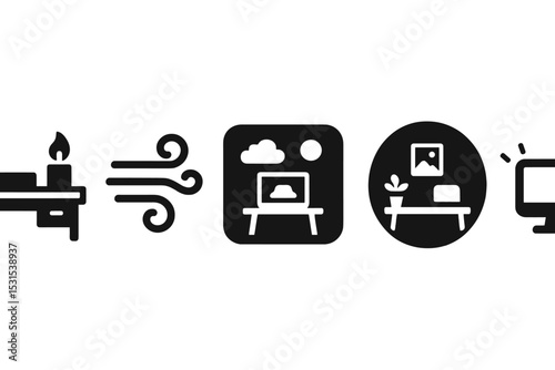 Digital Calm Icons. Solid style icons of digital calm spaces: desk with candle icon, gentle breeze symbol, virtual calm room,