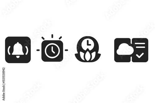 Mindful Time Icons. Solid style icons of mindful time management: app with gentle alerts, time block with soft glow, mindfulness