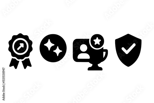 Digital Wellbeing Icons. Solid style icons of digital wellbeing rewards: progress award ribbon, badge with sparkles, user reward