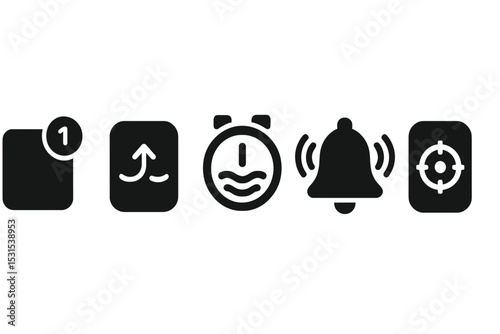 Mindful Digital Icons. Solid style icons of digital mindfulness reminders: soft notification badge, alert with breath symbol,