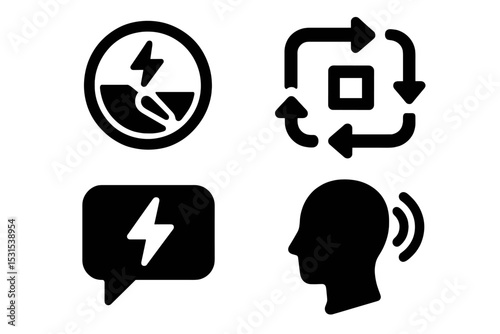 Focus and Recharge Icons. Solid style icons of focus reset & recharge: focus recharge meter, reset flow diagram, recharge