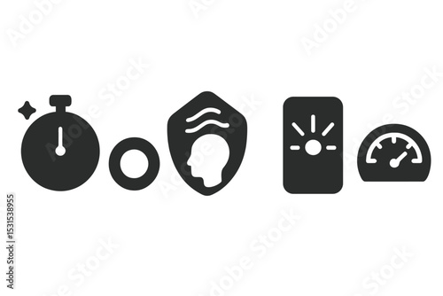 Mindful Productivity Icons. Solid style icons of mindful productivity boosters: timer with glow, productivity streak ring, flow