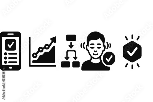 Mindful Digital Icons. Solid style icons of mindful digital routines: routine planner screen, habit progress graph, digital