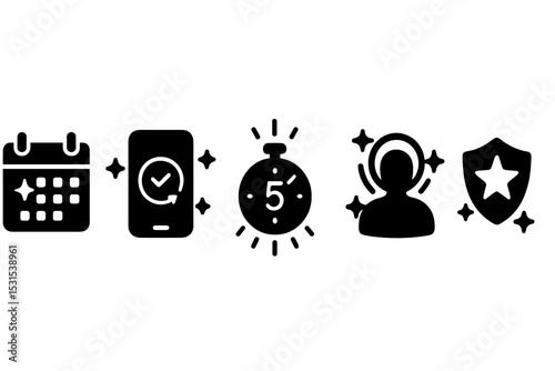 Digital Ritual Icons. Solid style icons of digital focus rituals: ritual calendar with glow, app with focus habit, peaceful start