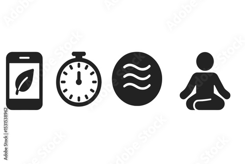 Relaxation Timer Icons. Solid style icons of relaxation timers: app timer with leaf, calm timer dial, breathing timer icon, gentle