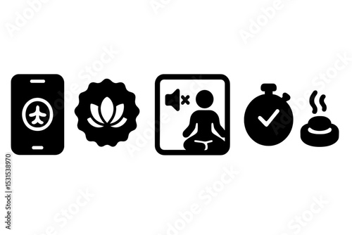 Stress Relief Icons. Solid style icons of stress relief & focus aids: app with breathing guide, relaxation reminder badge, quiet