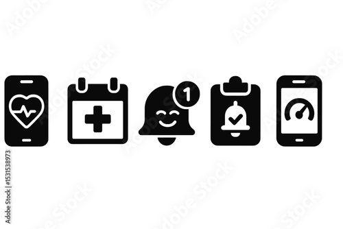 Wellness Tool Icons. Solid style icons of wellness check-in tools: wellness tracker icon, daily health status, calm notification