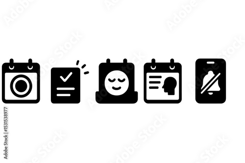 Mindful Focus Icons. Solid style icons of mindful focus schedules: daily calendar with light ring, task block with glow, peaceful