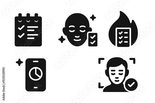 Mindful Task Icons. Solid style icons of mindful task management: daily planner with tasks, calm task checklist, task streak icon,