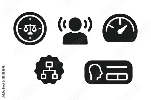 Icons of Digital Balance. Solid style icons of mindful digital balance: balanced focus dial, user with steady aura, calm task