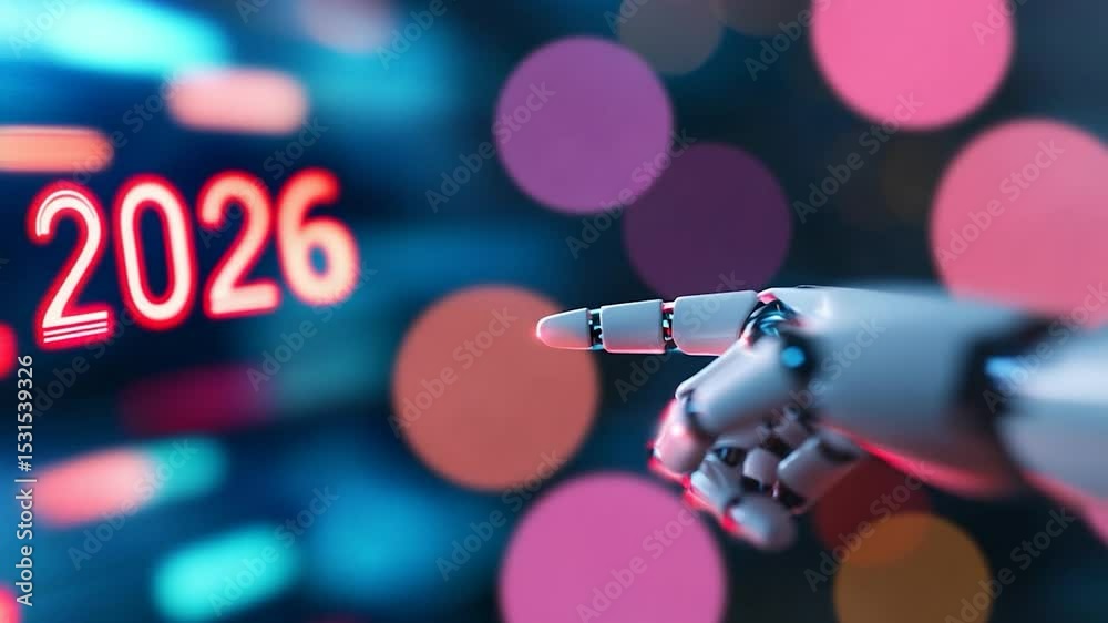 Artificial intelligence robot hand interact with digital number display indicating future year of innovation