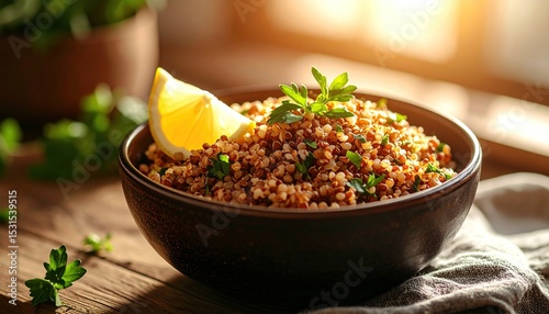 Quinoa salad bowl with lemon, and herbs.