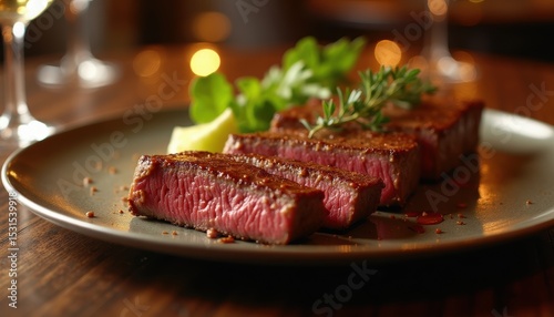 Sliced steak served on vintage iron plate in dimly lit bistro with red and white checkered tablecloths