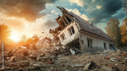 Scene showing house collapse due to natural disaster impact.