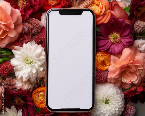 un telefono inteligente sobre flores, mockup, maqueta celular pantalla blanca