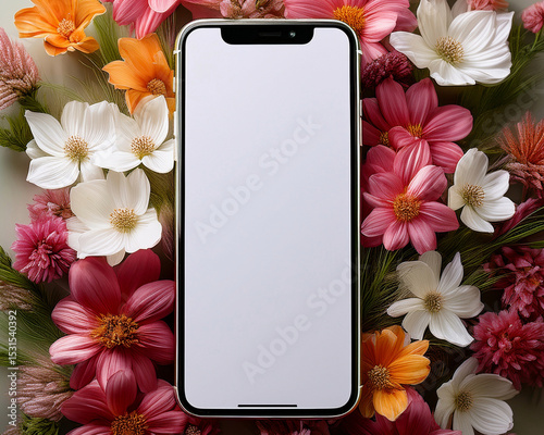 Un teléfono móvil con pantalla blanca tendido, sobre flores, mockup