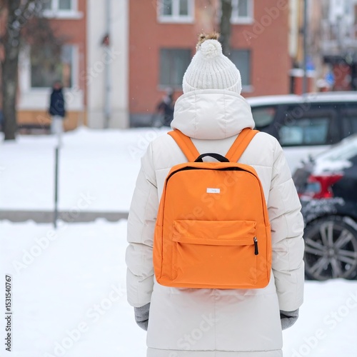 Winter city with woman, and orange backpack.