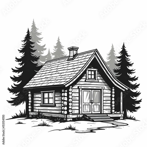 Single vector icon in black and white of an A-frame wooden cabin with chimney and pine tree silhouette, minimalist line art, no background