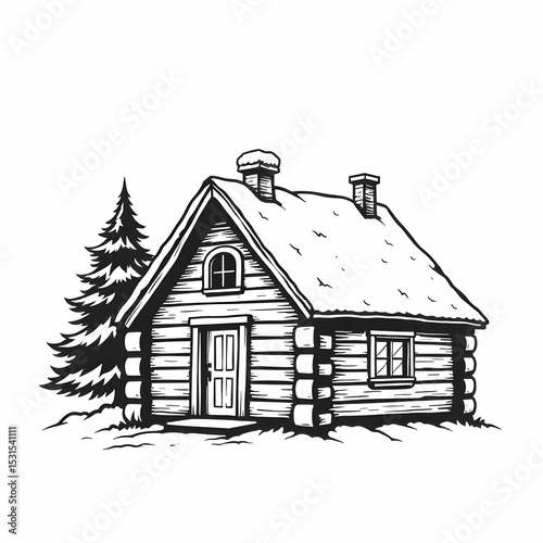 Single vector icon in black and white of an A-frame wooden cabin with chimney and pine tree silhouette, minimalist line art, no background