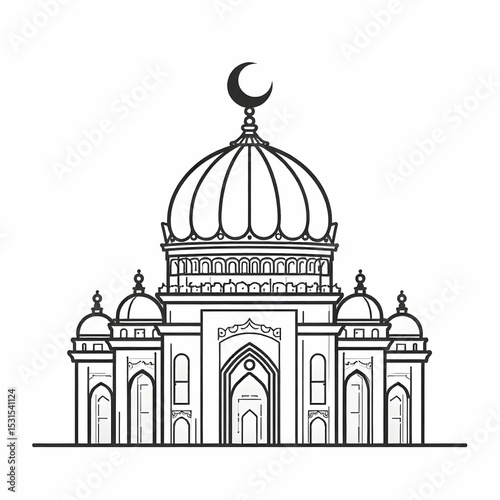 Minimalist black and white vector icon of a mosque dome with crescent symbol on top, clean symmetrical line art, architecture detail, no background