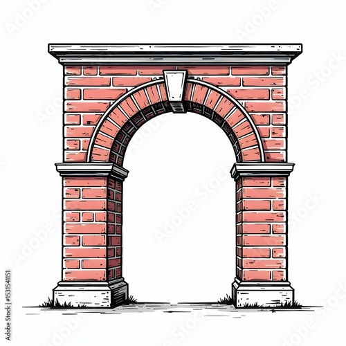 Single vector icon in black and white of a classical archway made of bricks or stone blocks, minimalist line art style, architectural element icon, no background