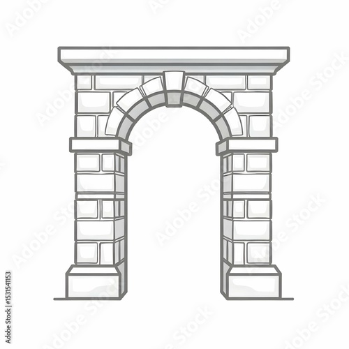 Single vector icon in black and white of a classical archway made of bricks or stone blocks, minimalist line art style, architectural element icon, no background