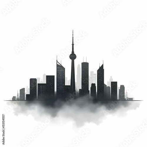 Minimalist black and white vector icon of a modern city skyline with high-rise buildings and communication tower, clean line art, no background