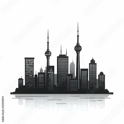 Minimalist black and white vector icon of a modern city skyline with high-rise buildings and communication tower, clean line art, no background