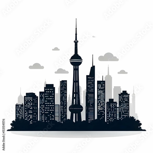 Minimalist black and white vector icon of a modern city skyline with high-rise buildings and communication tower, clean line art, no background