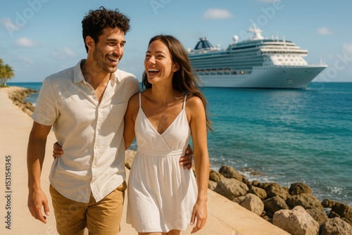 Young couple walking by the sea on a sunny day. Cruise ship in the background. Summer vacation concept. Casual clothing, happy expressions, travel and tourism theme