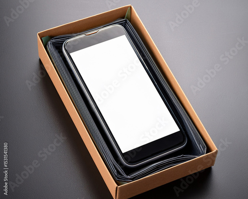 Un teléfono móvil con pantalla blanca se encuentra dentro de una caja