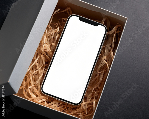 vista superior de un teléfono móvil con pantalla blanca se encuentra dentro de una caja