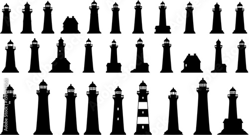 Lighthouse silhouettes set, large pack of vector silhouette design, isolated white background
