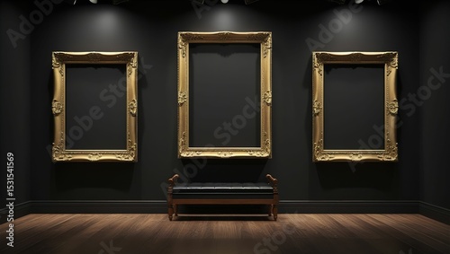 Antique art gallery frame on royal black wall in auction house or museum, exhibition blank template with white blank copy space for artwork concept mockup design	
