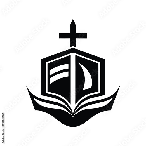 Church Logo with Bible and Christian Cross Silhouette
