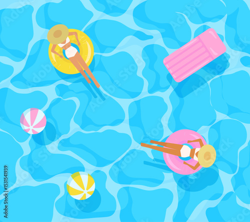 Summer vector background. Two women enjoing vacation in ocean, sea, blue water, float, ball. Beach. People enjoy party. Illustration.