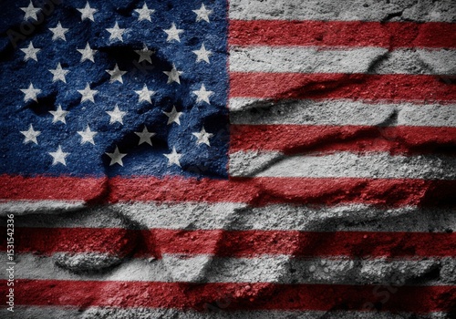 American flag painted on rough cracked stone surface. Texture symbolizes strength, resilience, struggle. Patriotic concept in gritty artistic style