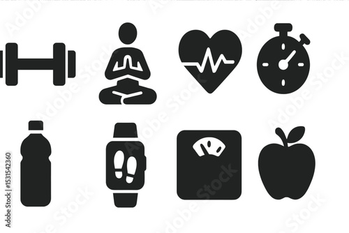 Fitness Icon Collection. Solid style icons of fitness and health: dumbbell, yoga pose, heart rate, stopwatch, water bottle, steps
