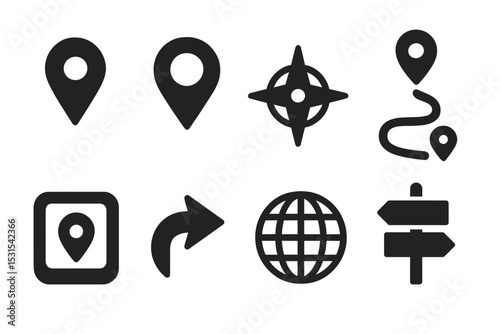 Navigation Icons Collection. Solid style icons of navigation and location: map pin, location marker, compass rose, route path, GPS