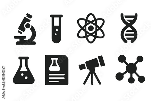 Science Icon Set. Solid style icons of science and research: microscope, test tube, atom model, DNA strand, lab flask, science