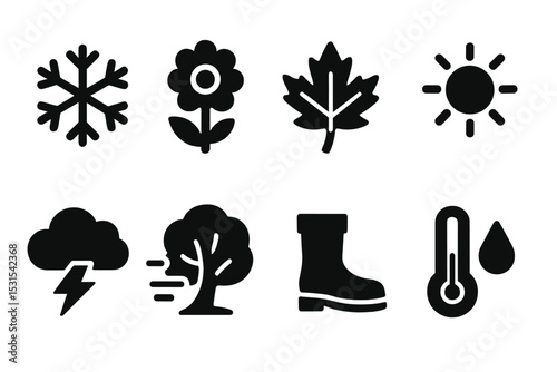 Seasonal Weather Icons. Solid style icons of seasonal weather: snowflake icon, spring flower, autumn leaf, summer sun, storm cloud