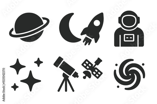 Space Icons Collection. Solid style icons of space and astronomy: planet, moon, rocket, astronaut, stars, telescope, satellite,