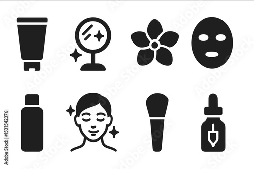 Beauty Icons Collection. Solid style icons of beauty and skincare: face cream tube, mirror with sparkles, spa flower, facial mask