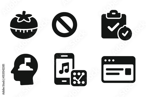 Productivity Focus Icons. Solid style icons of productivity hacks and focus tools: Pomodoro timer, “do not disturb” icon,