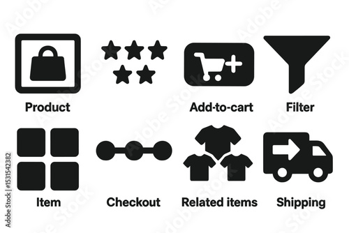 Ecommerce Icon Set. Solid style icons of ecommerce storefront elements: product thumbnail, review stars, add-to-cart button,
