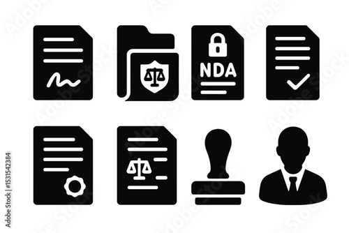 Legal Document Icons. Solid style icons of legal documents and contracts: contract with signature, legal folder, NDA icon, terms