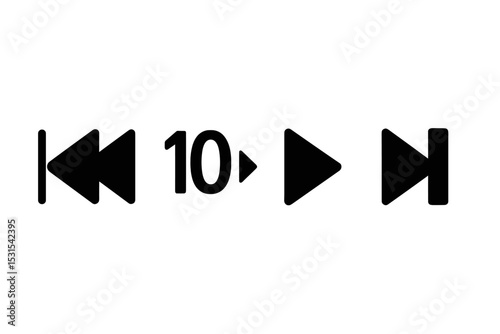 Media Backward Icons. Solid style icons of media back buttons: rewind icon, skip back 10s, media back arrow, player previous. No