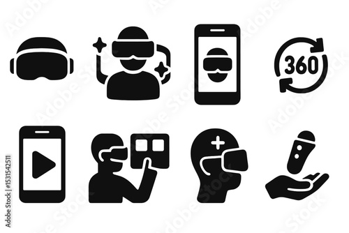 VR Mobile Icons. Solid style icons of VR in mobile: headset icon, immersive screen, virtual tour app, 360 view icon, VR play icon,