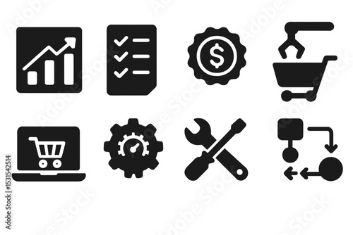 E-commerce Productivity Icons. Solid style icons of e-commerce productivity: performance chart, task tracker, time-saving badge,