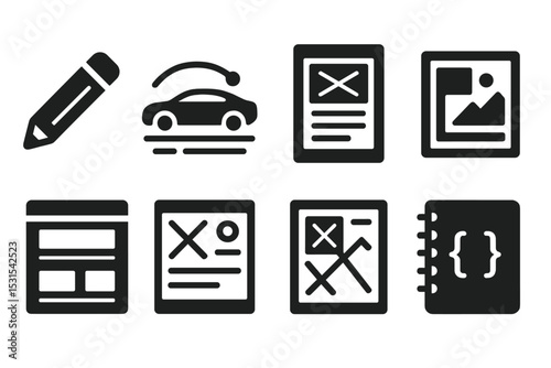Solid Design Icons. Solid style icons of sketch and prototyping: digital pencil icon, product concept sketch, UX wire drawing,